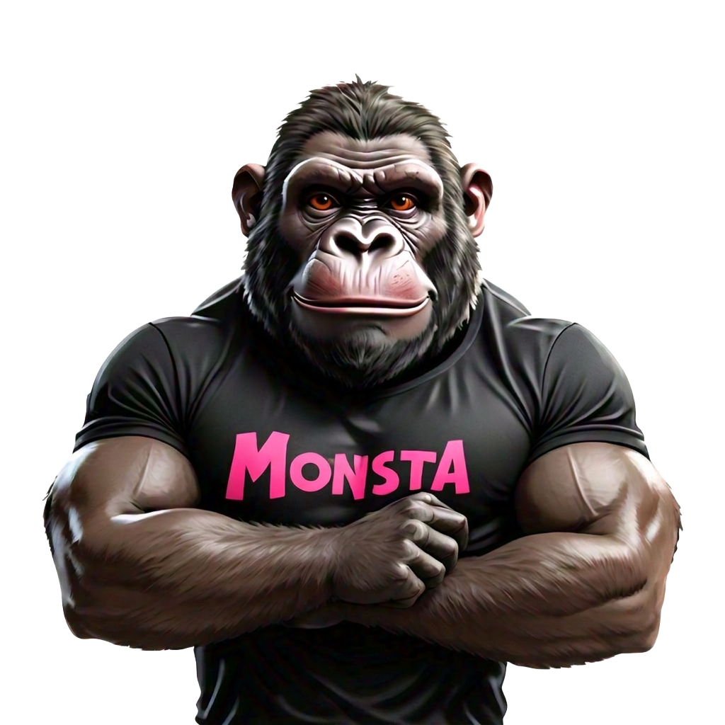 Monsta Media mascot — muscular gorilla wearing a black Monsta t-shirt with arms crossed
